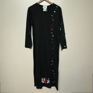 QUACKER FACTORY Size Small Long Black Christmas Dress Embroidery 100% Cotton NWT